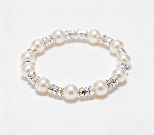 Faux Pearl Beaded Stretch Bracelet, Silver Chips Elastic Stackable Bracelet, Soft Adjustable Wrist Jewelry for Ladies Wedding Party